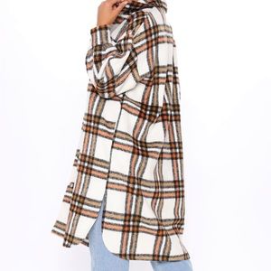 Cream, orange, tan shirt jacket.  Size S.